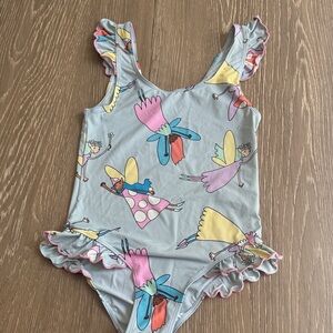 Girls Fairy One-Piece Swimsuit in Light Gray with Pastel Fairies